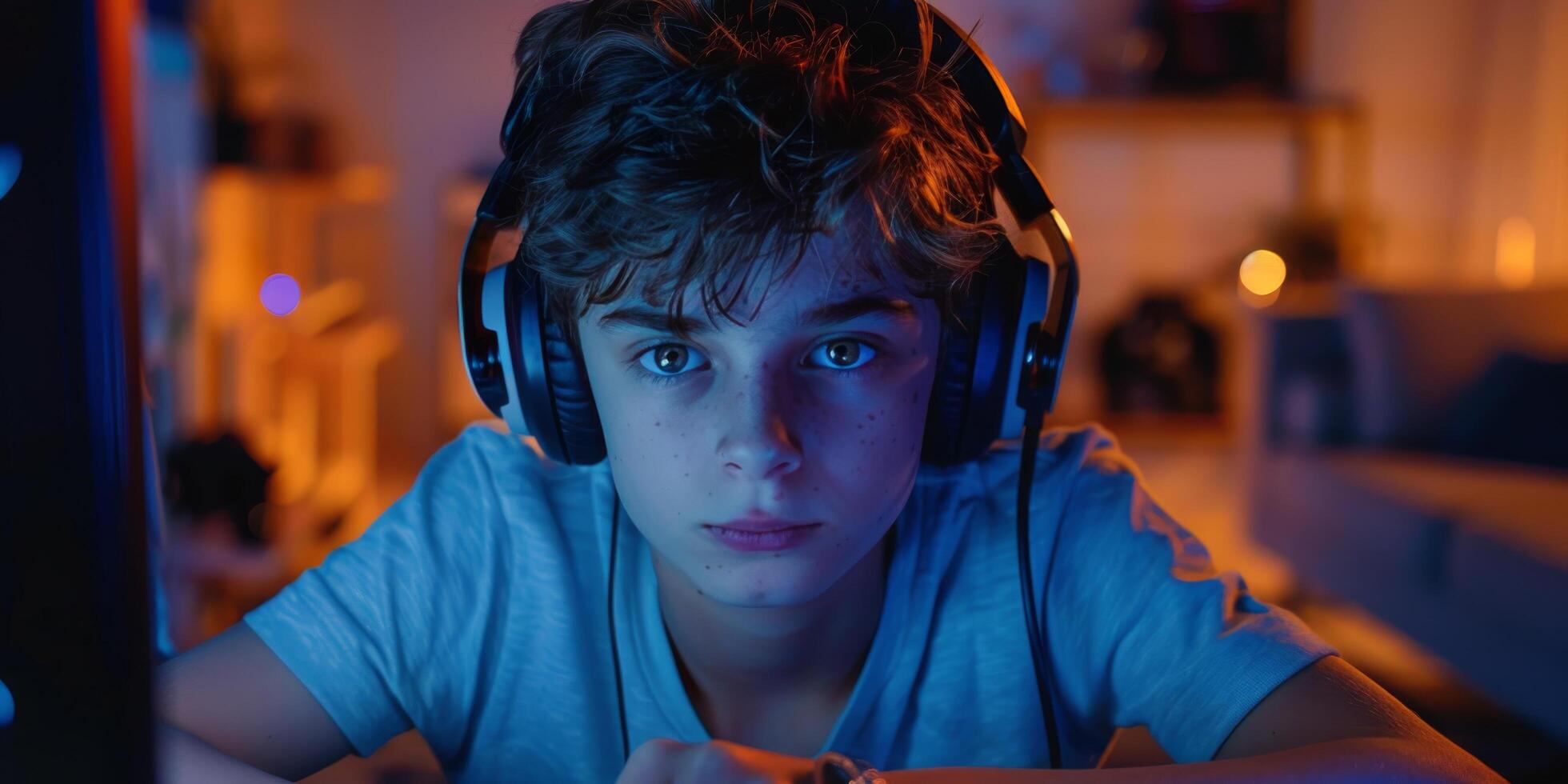 AI generated Boy Listening to Headphones at Computer photo
