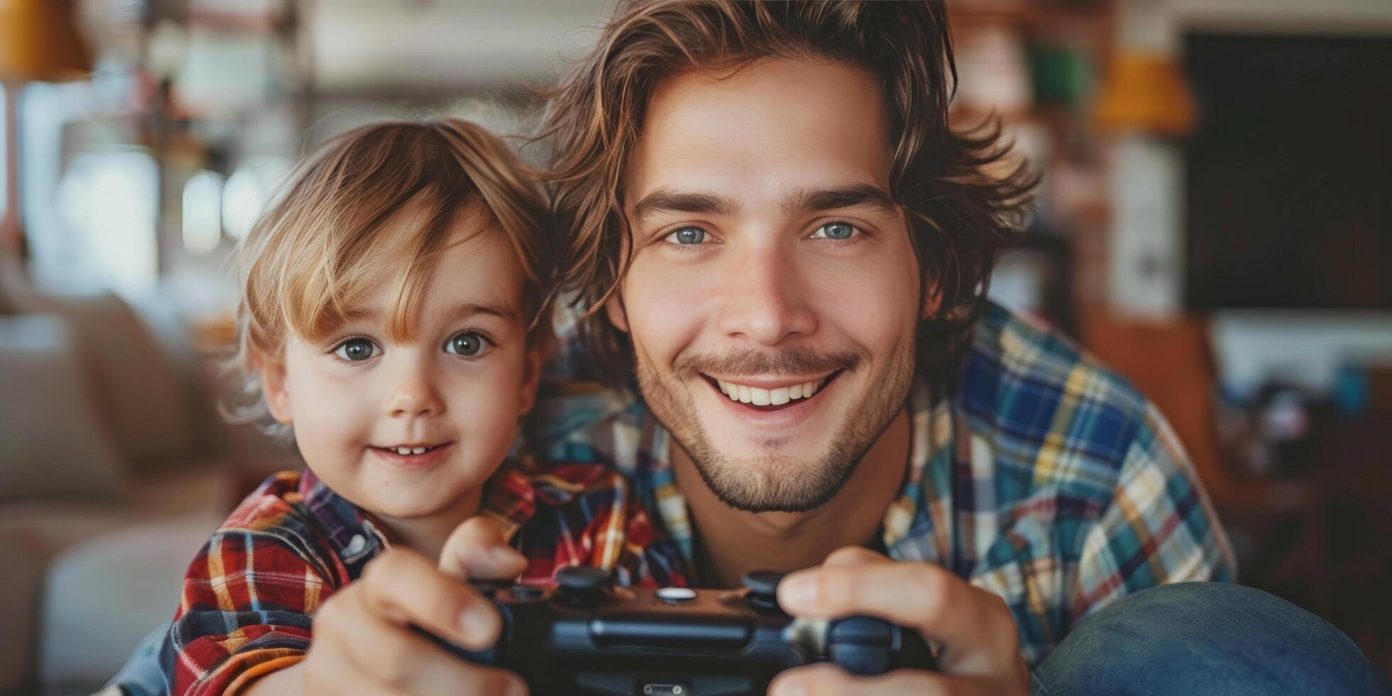 AI generated Man and Young Boy Playing Video Game photo