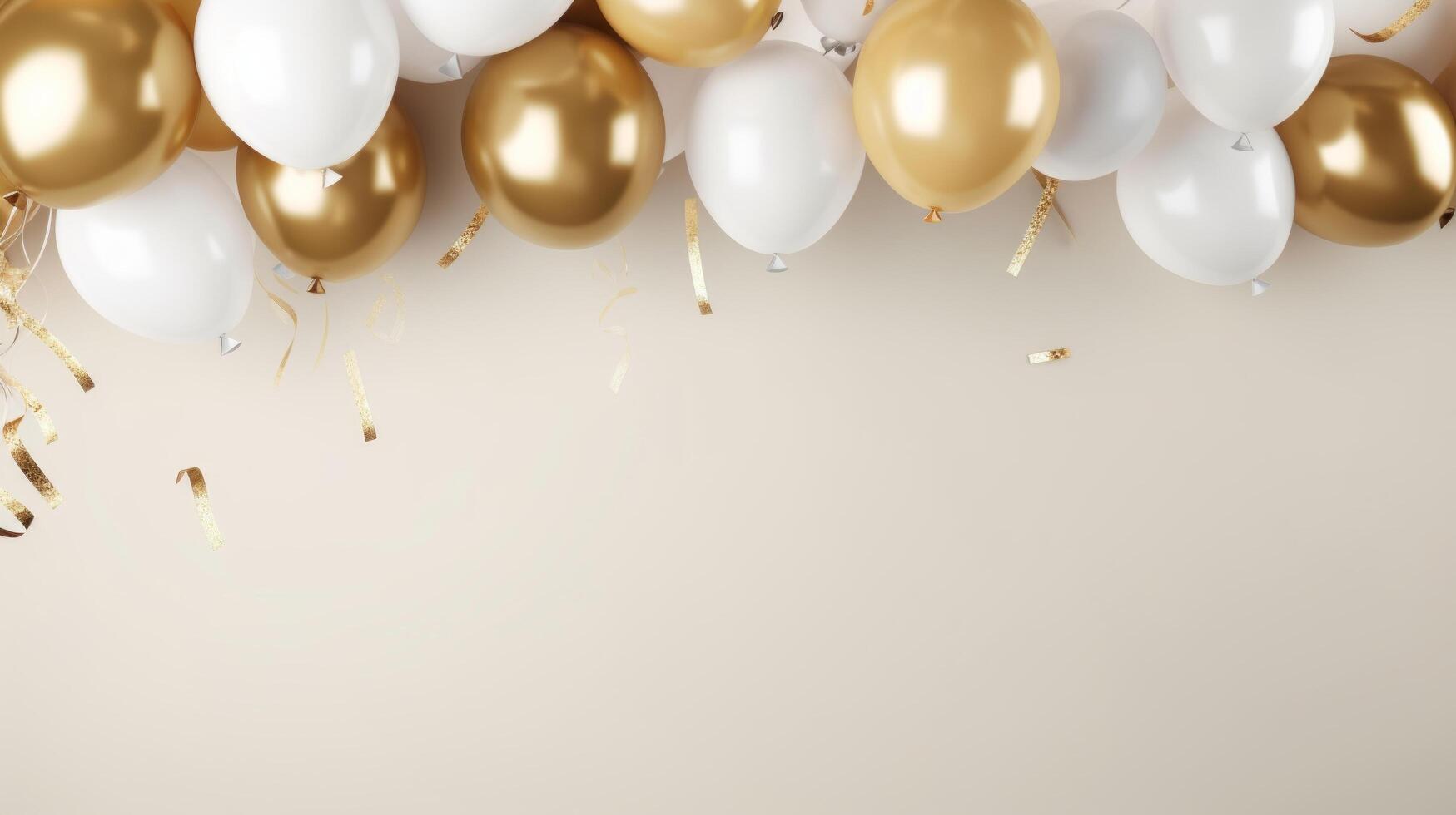 AI generated Birthday Background with Gold and White Balloons, Large Copyspace Area, Off-Center Composition photo