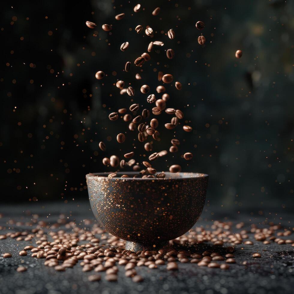 AI generated coffee beans falling from a cup on a dark background, in the style of vray, smokey background photo
