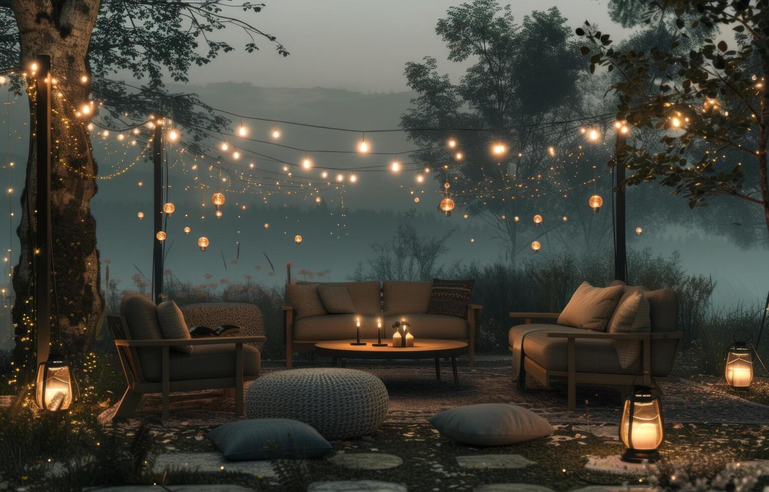 AI generated outdoor furniture surrounded by string lights photo
