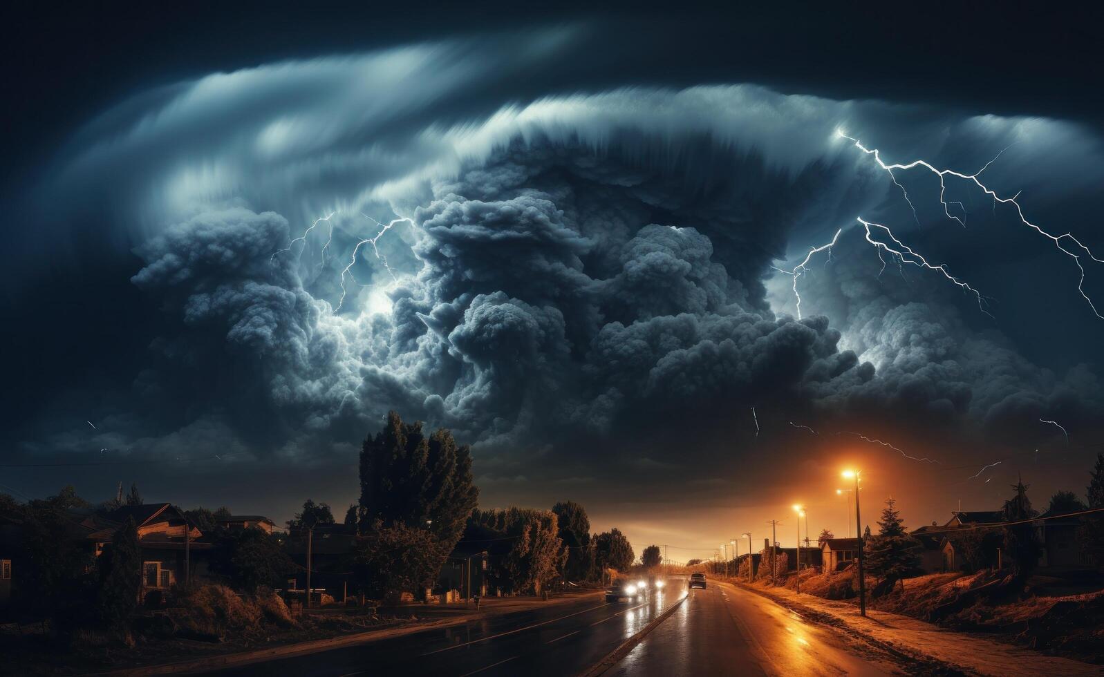 AI generated a large storm is erupting over a city photo