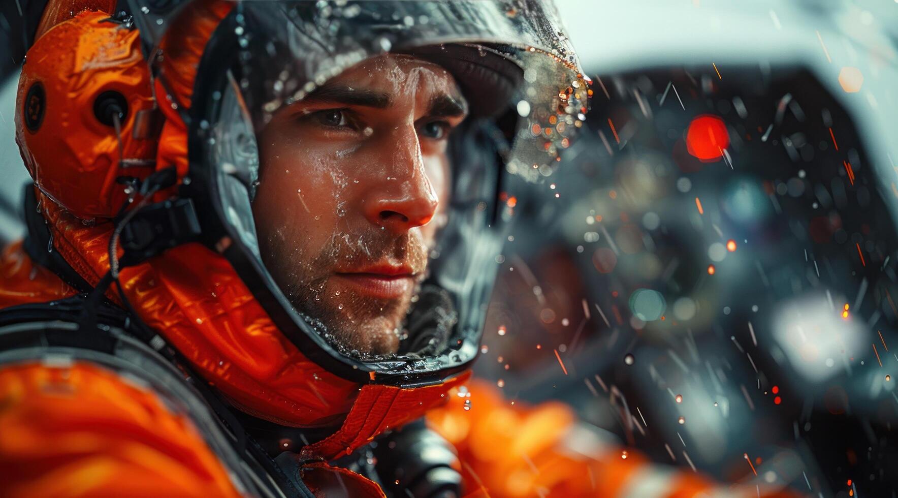 AI generated a plane driver in an orange suit riding down the road photo
