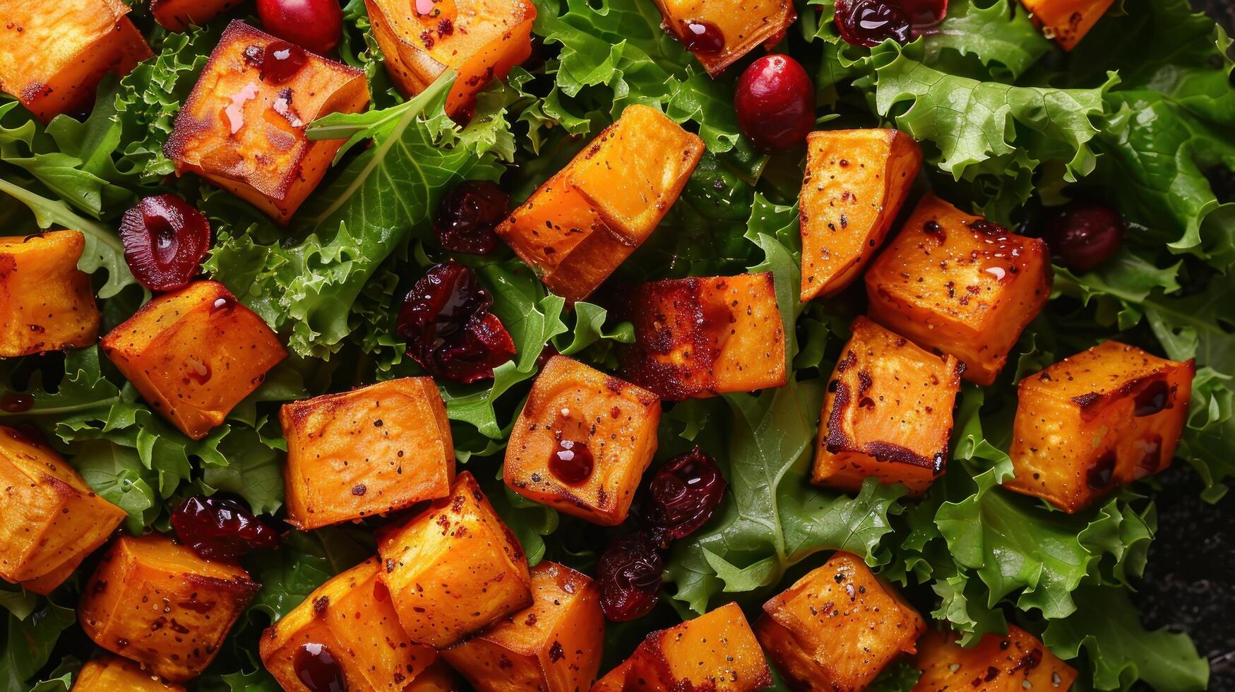 AI generated A vibrant salad with kale, roasted sweet potatoes, cranberries, and a maple-mustard dressing photo