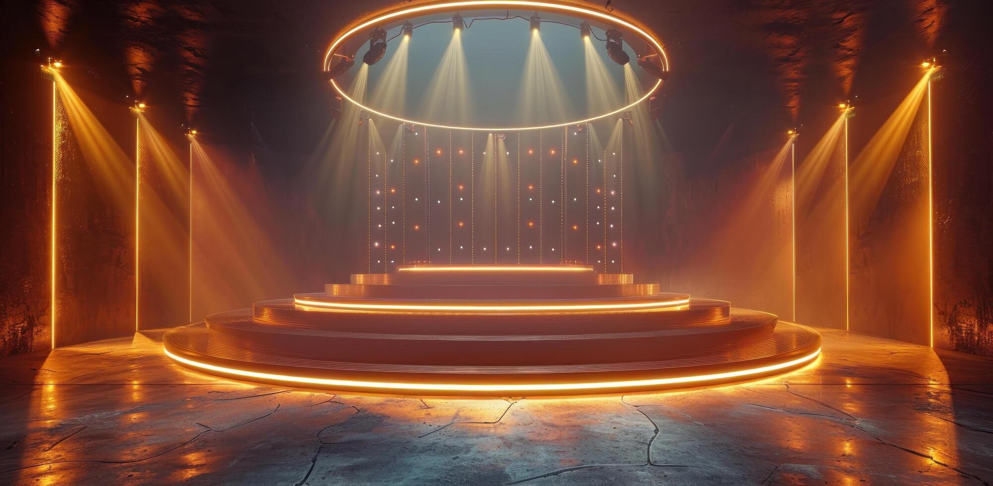 AI generated an empty stage and spotlight with circular light bulbs as well as beams photo