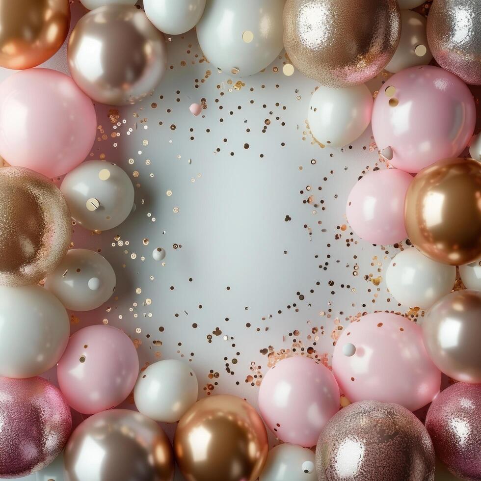 AI generated Beautiful abstract bright minimalistic background empty inside and with gold, silver, pink inflatable balloons photo