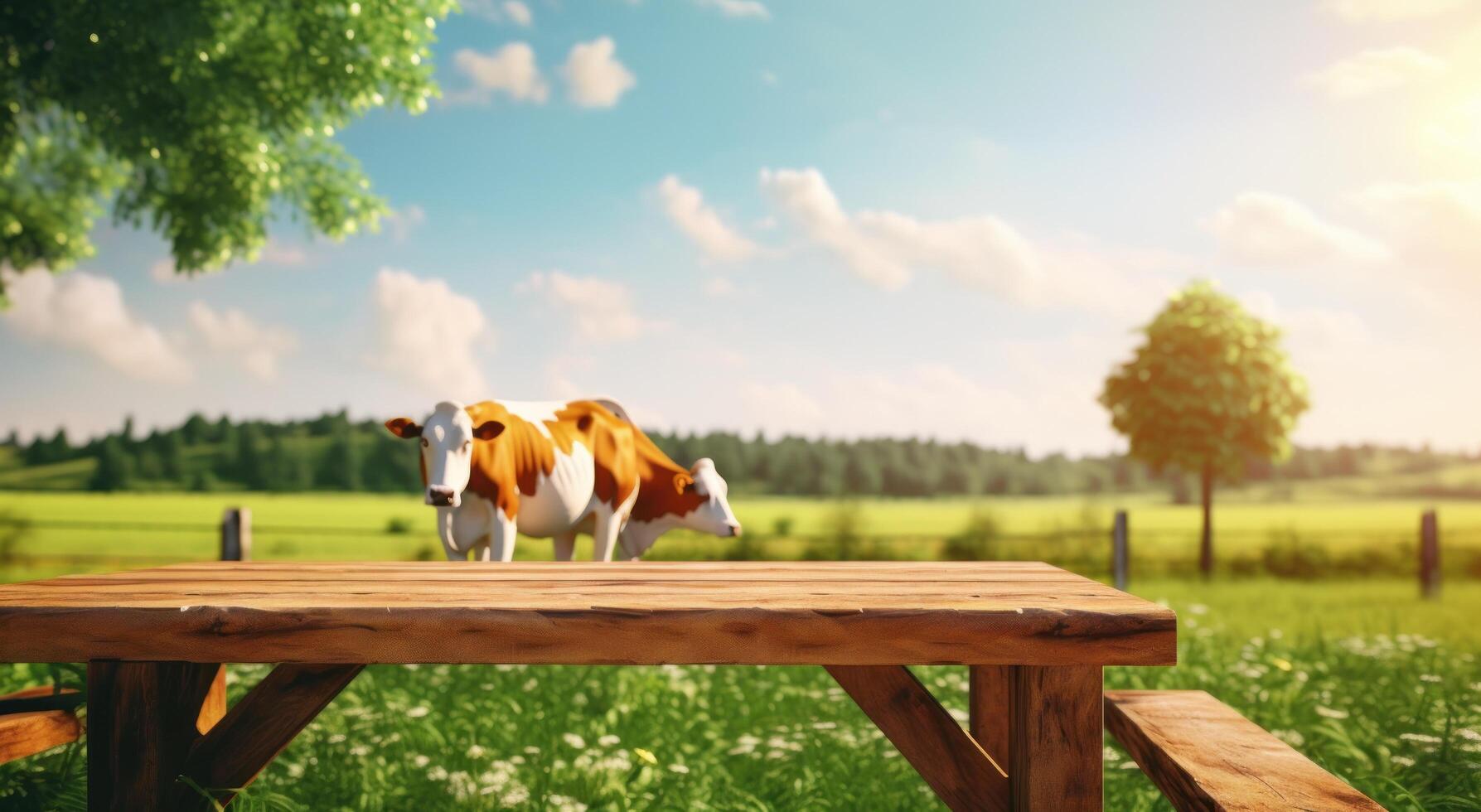 AI generated cows in the pasture with wooden table as background photo