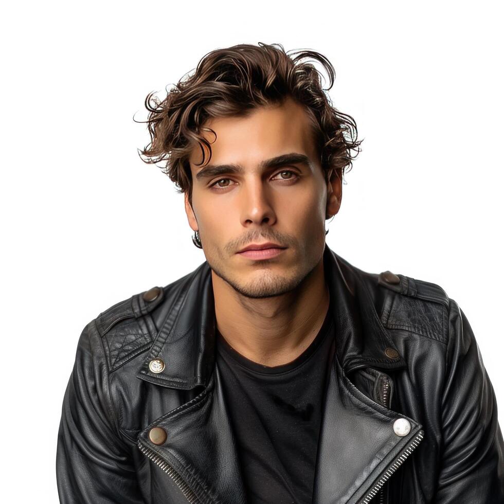 AI generated Handsome man in a leather jacket looks thoughtfully at the camera and isolated on a white background photo