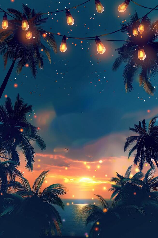 AI generated Cool modern flyer for a summer party with palm trees, garlands photo