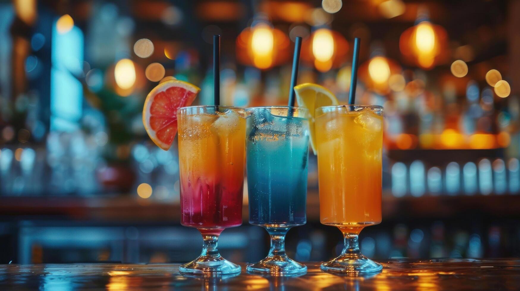 AI generated A row of vibrant cocktails on the bar, each a mix of spirits, juices, and garnishes photo