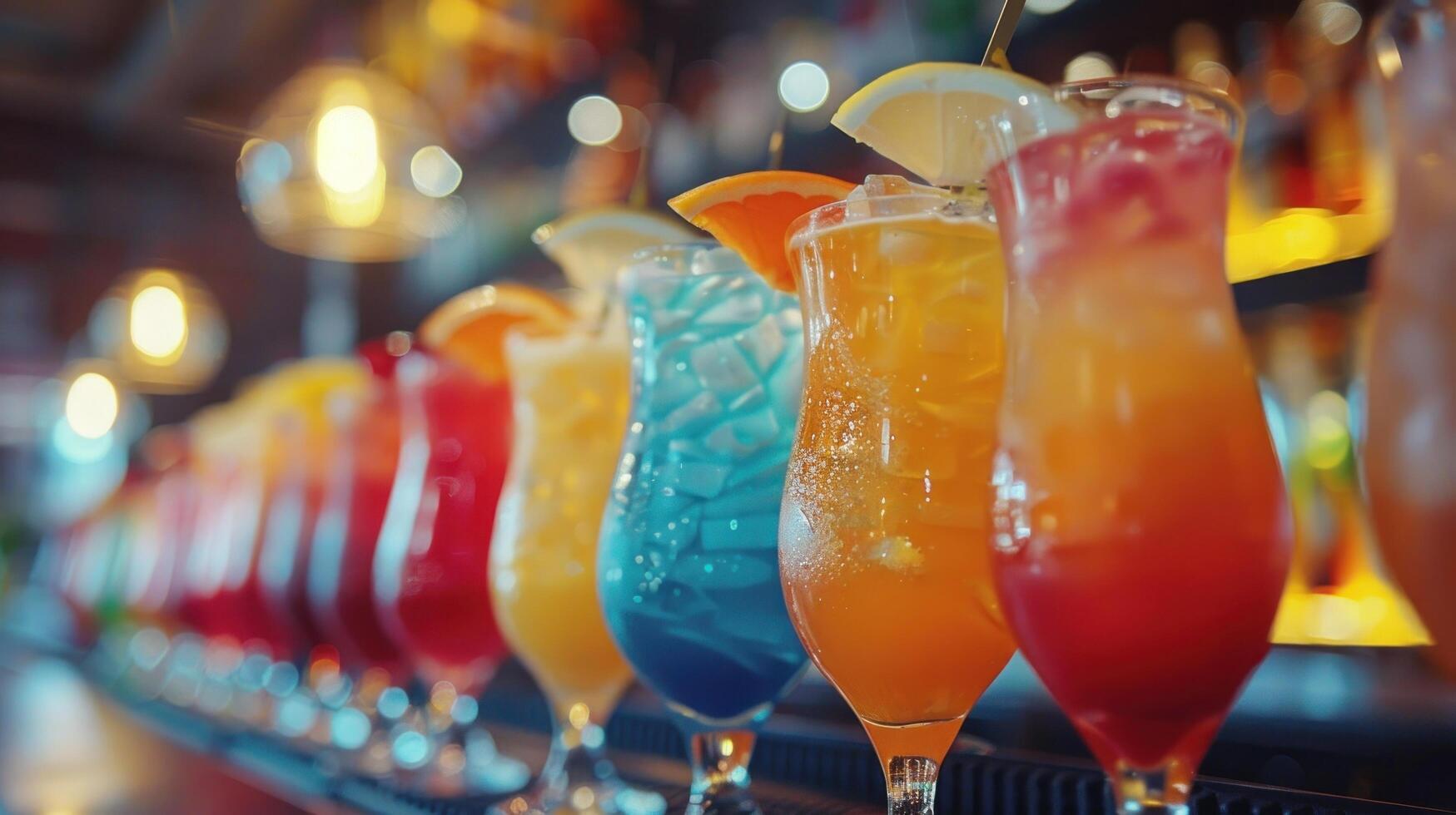 AI generated A row of vibrant cocktails on the bar, each a mix of spirits, juices, and garnishes photo