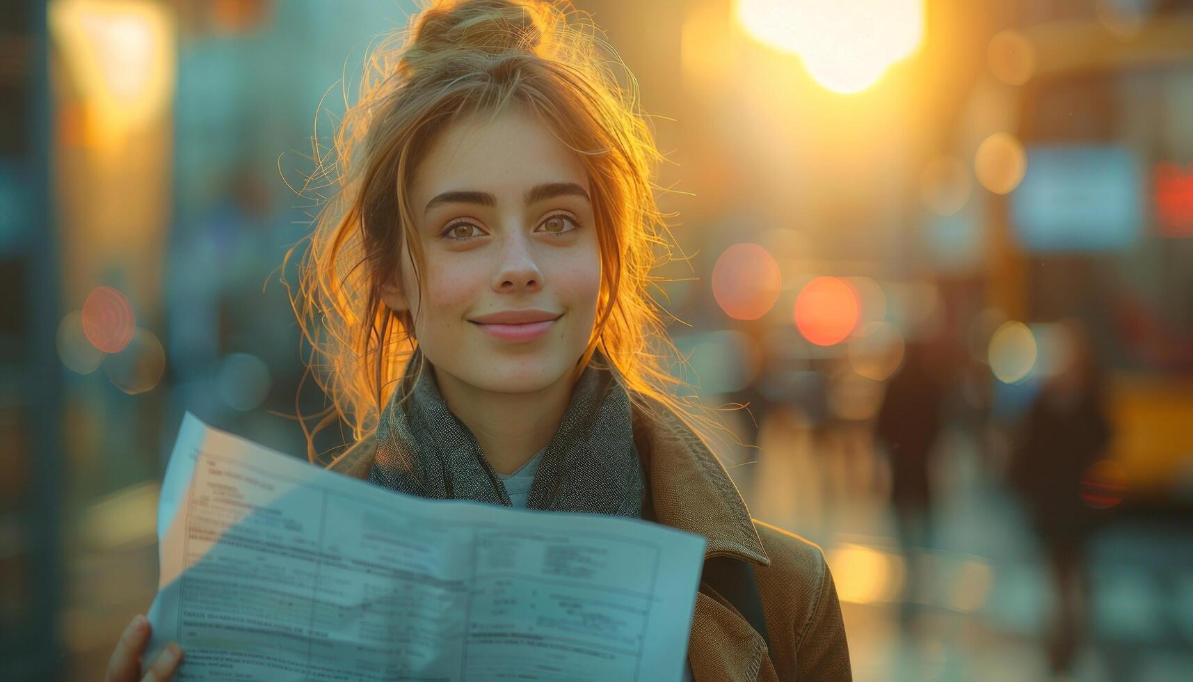 AI generated smiling businesswoman with laptop in hand standing in the city photo