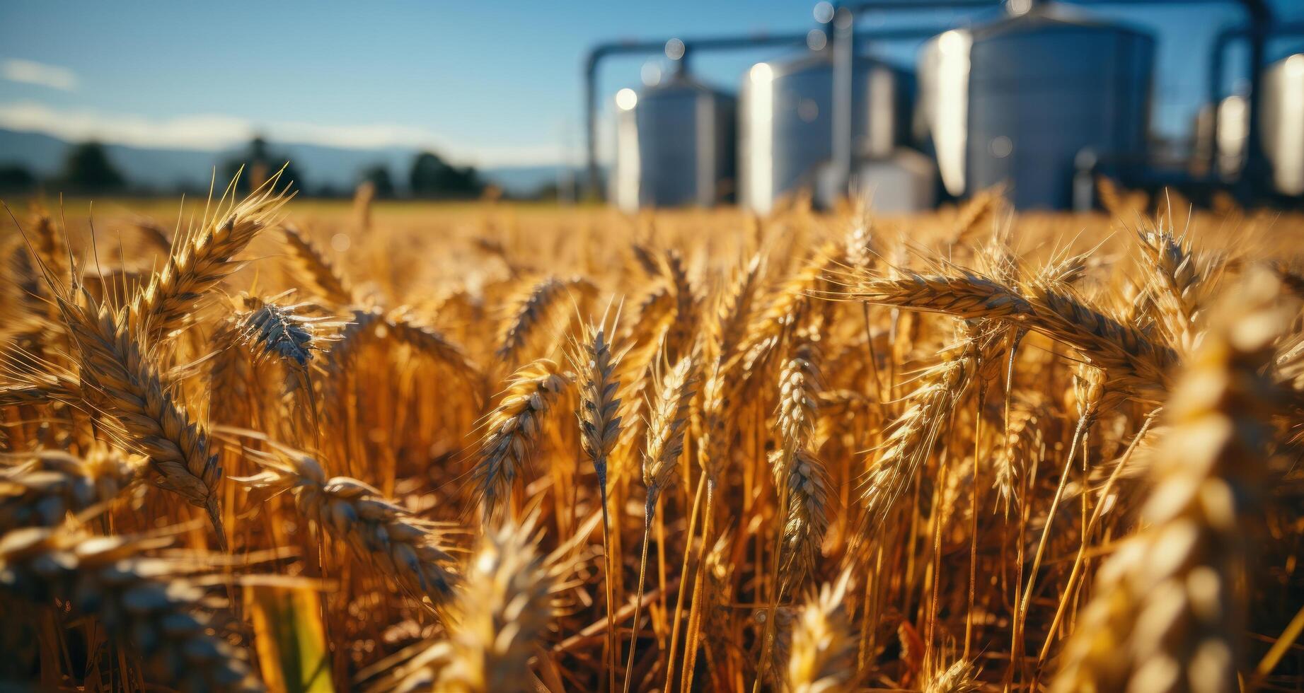 AI generated wheat on flat land with steel silos photo