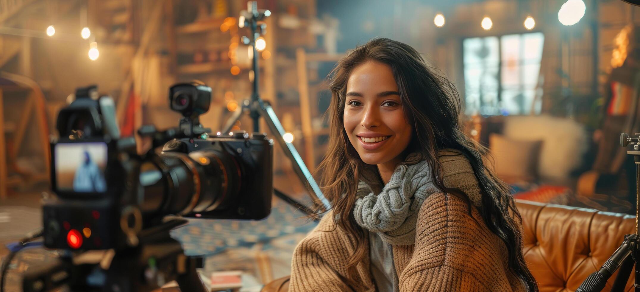 AI generated A woman sits in a filmmaking studio, smiling and speaking with the video crew photo