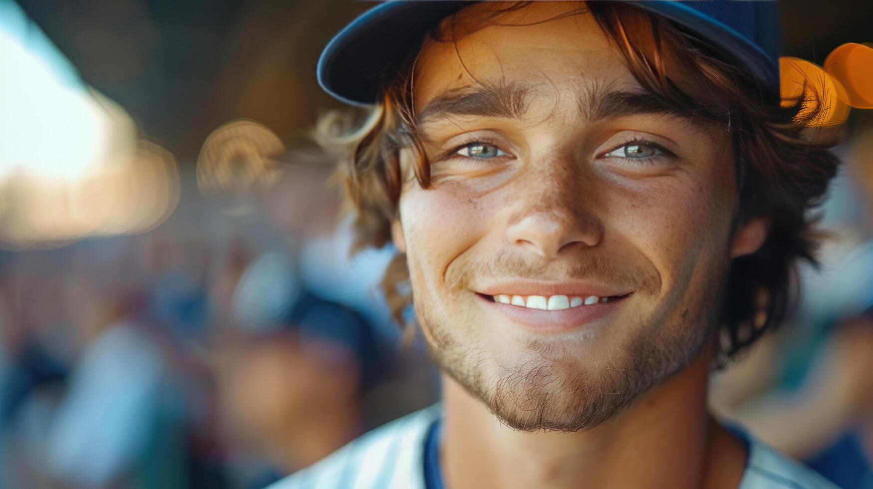 ai generado un joven, hermoso béisbol jugador soportes, sonriente a el cámara foto