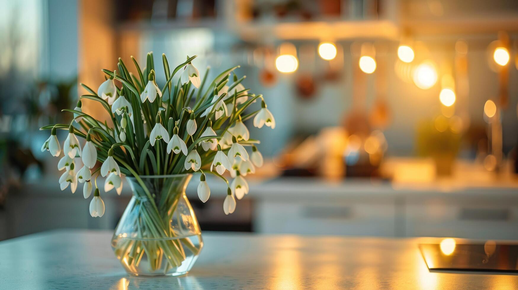 AI generated Snowdrop flowers in a glass vase on the white table photo