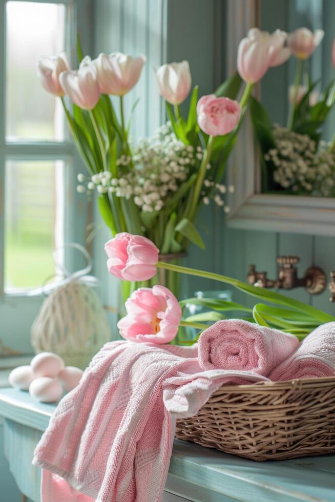 AI generated Easter-themed Towels and Fresh Flower Arrangements photo