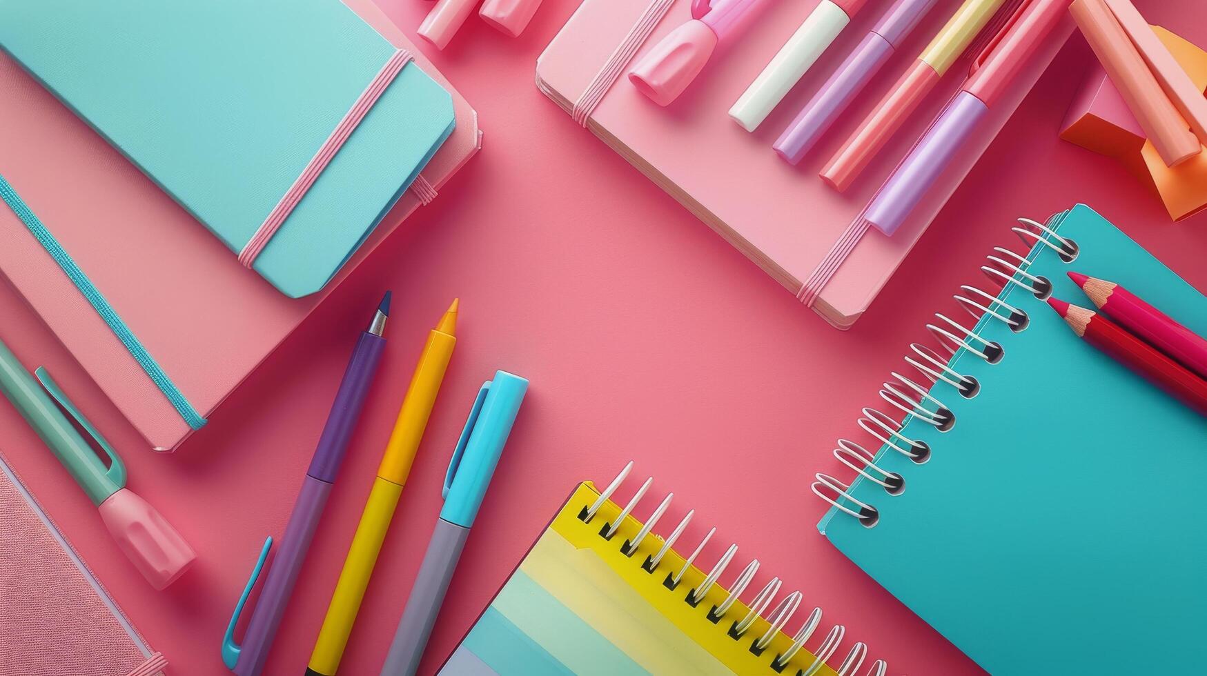 AI generated Group of Colored Pencils and Notebook on Pink Background photo