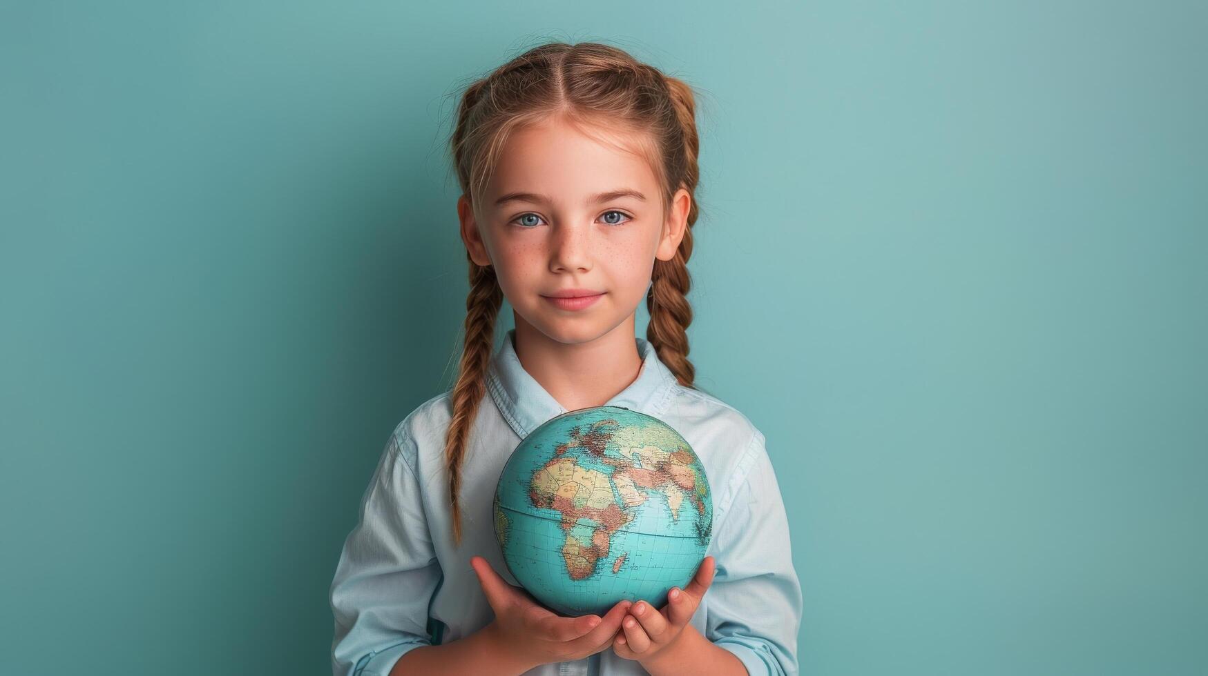 ai generado pequeño niña participación globo en manos foto