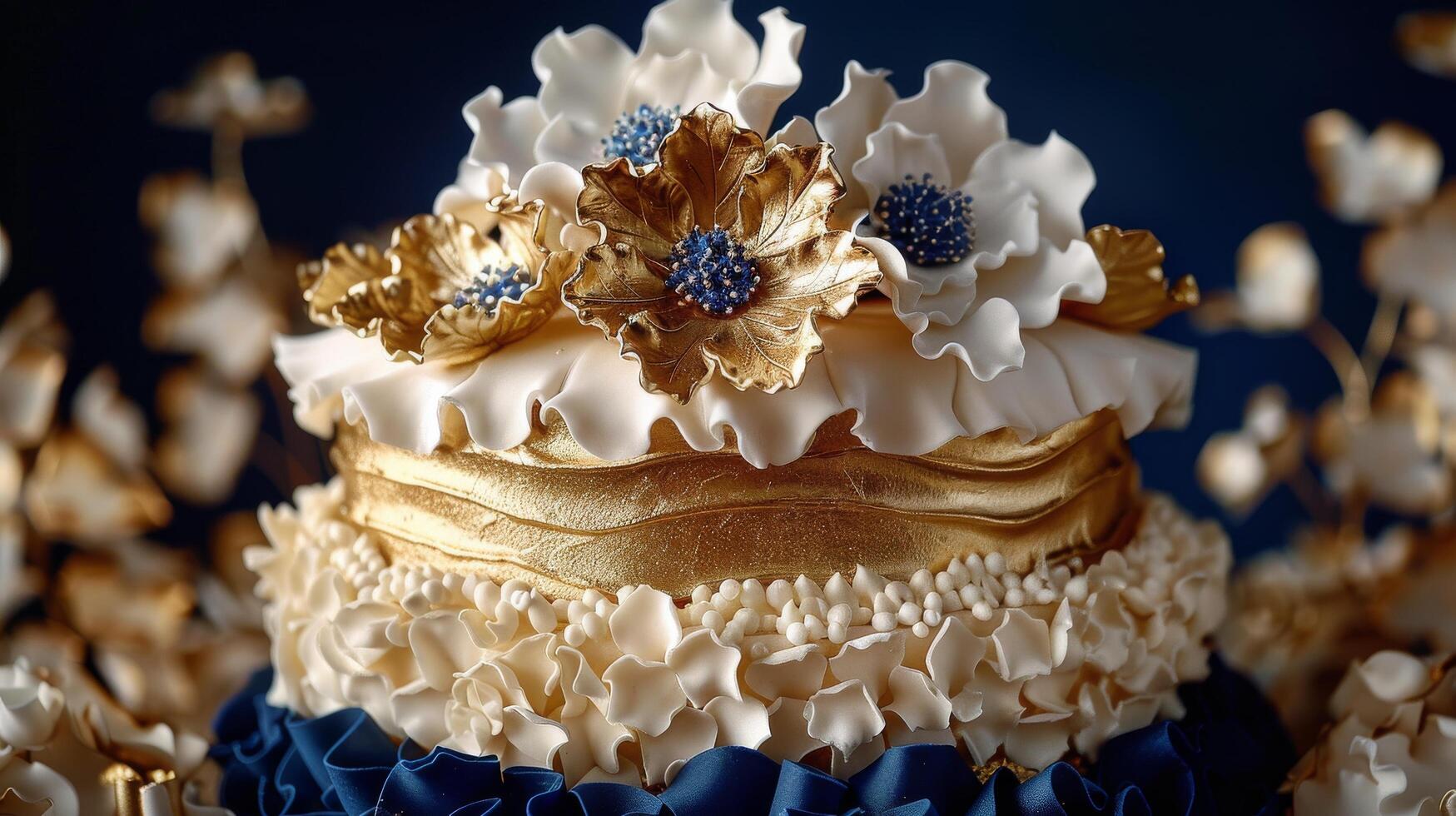 AI generated Three Tiered Cake With Gold and Blue Decorations photo