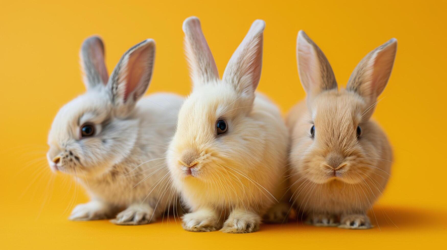 AI generated Three White Rabbits Sitting on Yellow Background photo