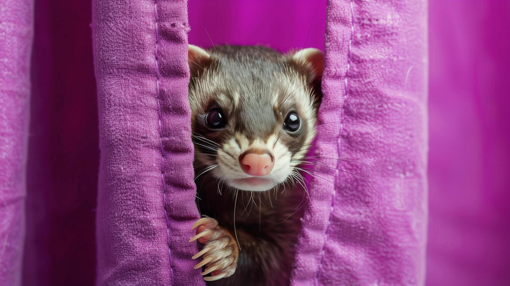 AI generated A Ferret Peeks Out From Behind a Purple Curtain photo