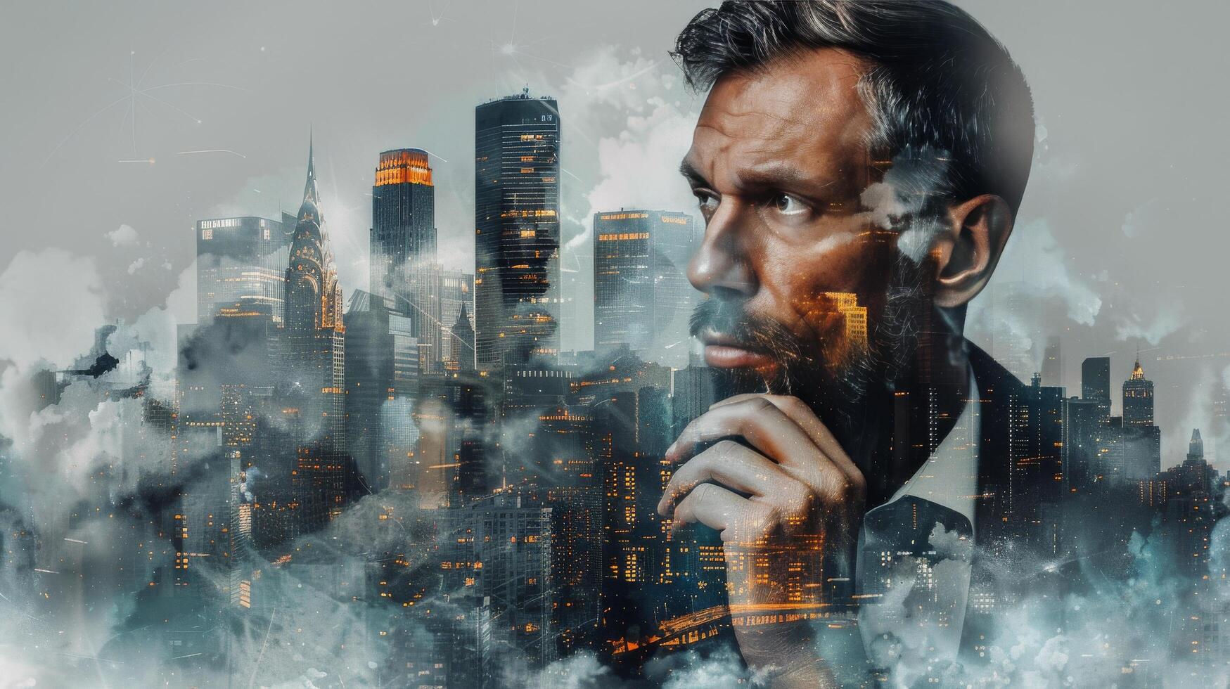 AI generated Man in Suit and Tie Standing in Front of Cityscape photo
