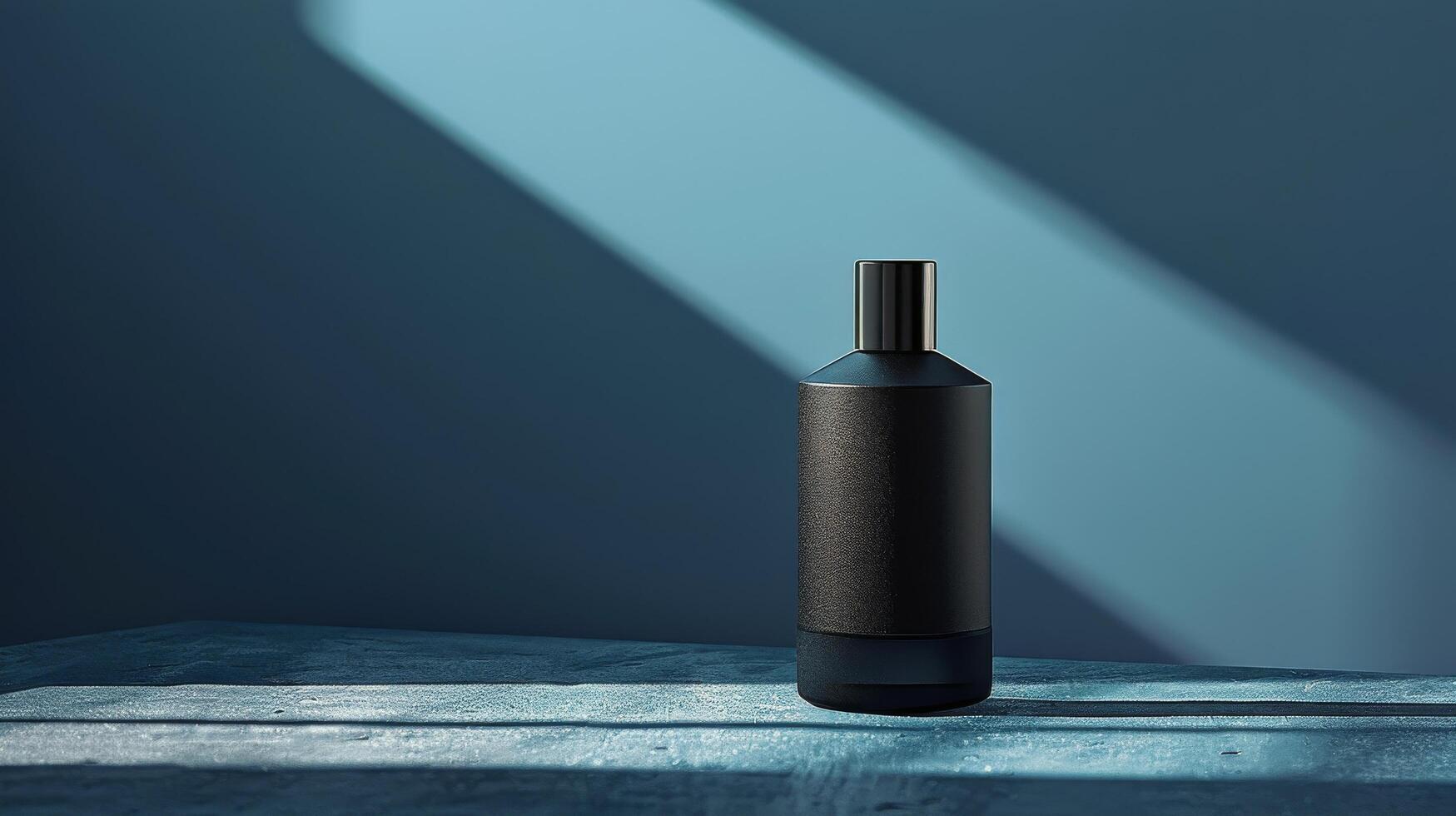 AI generated Blue Bottle of Perfume on Table photo