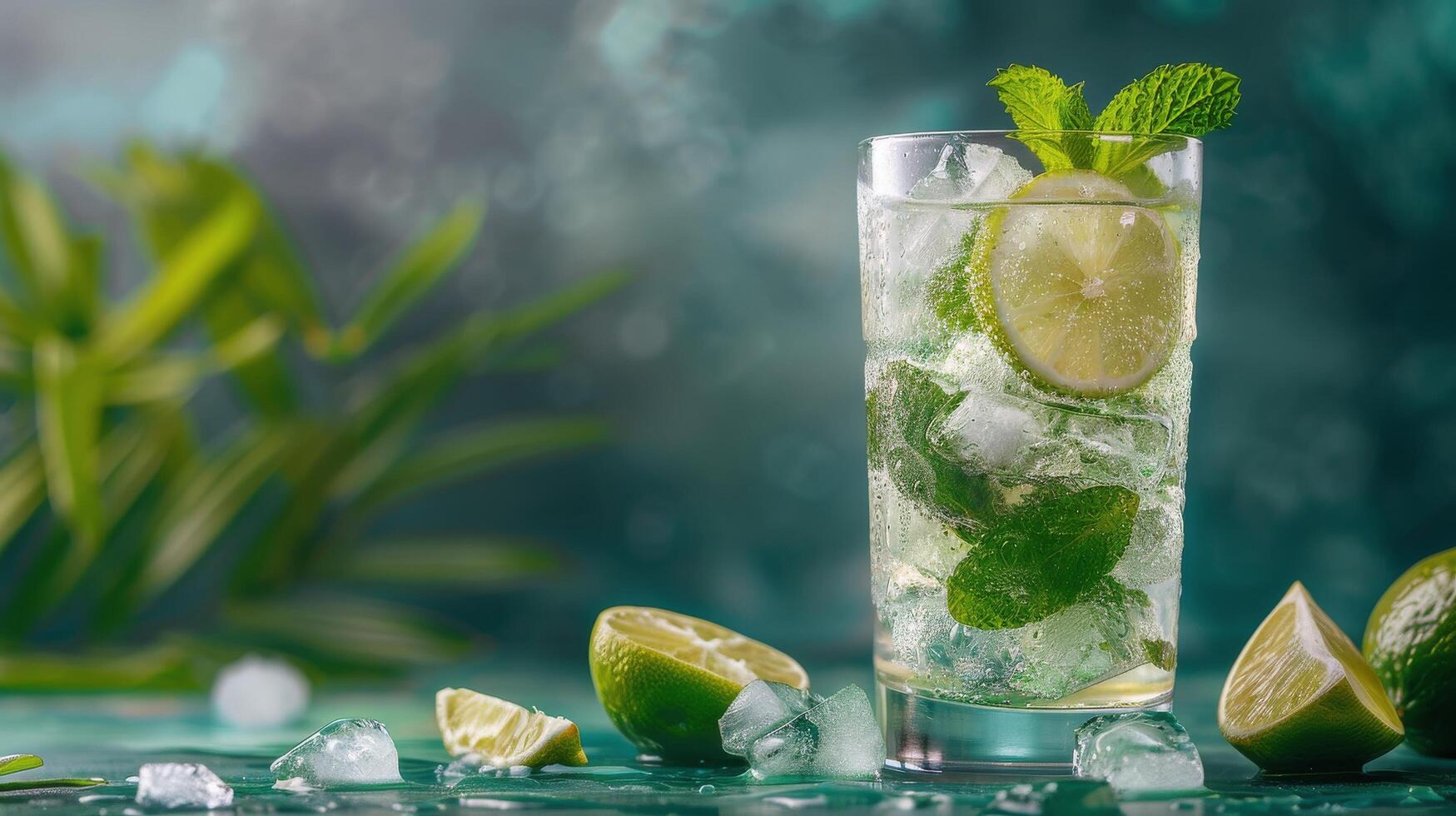 AI generated Refreshing Glass of Ice and Lime Slices photo