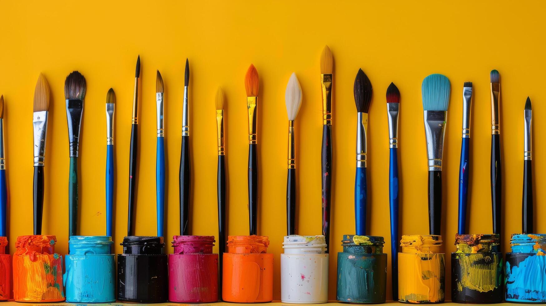 AI generated Row of Paint Brushes Against Yellow Wall photo