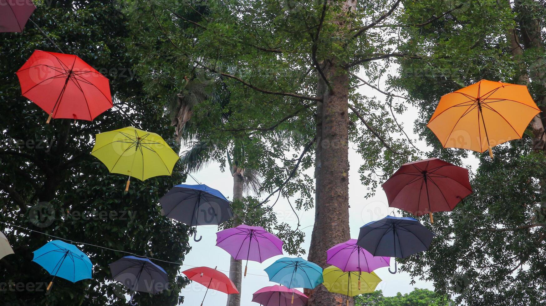 Colorful umbrellas hanging against a blue sky background photo