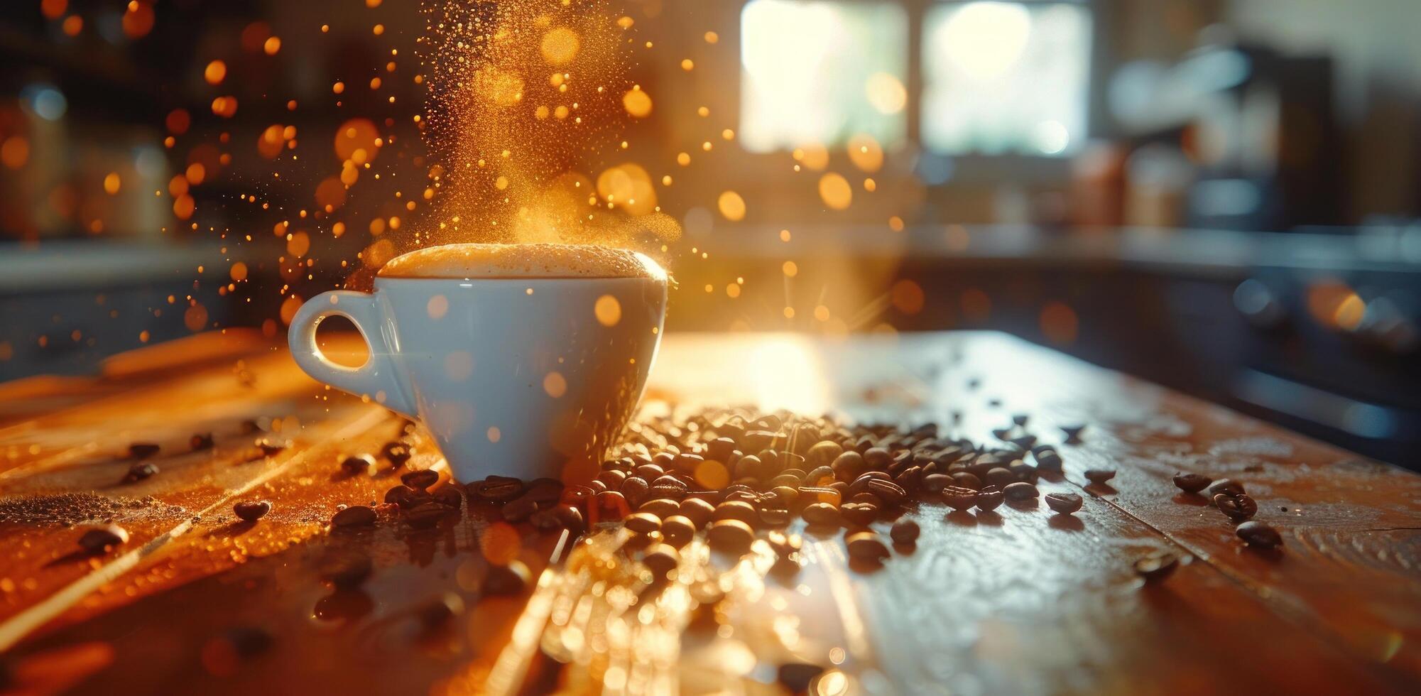 AI generated cup of coffee while beans are sitting on a wooden table photo