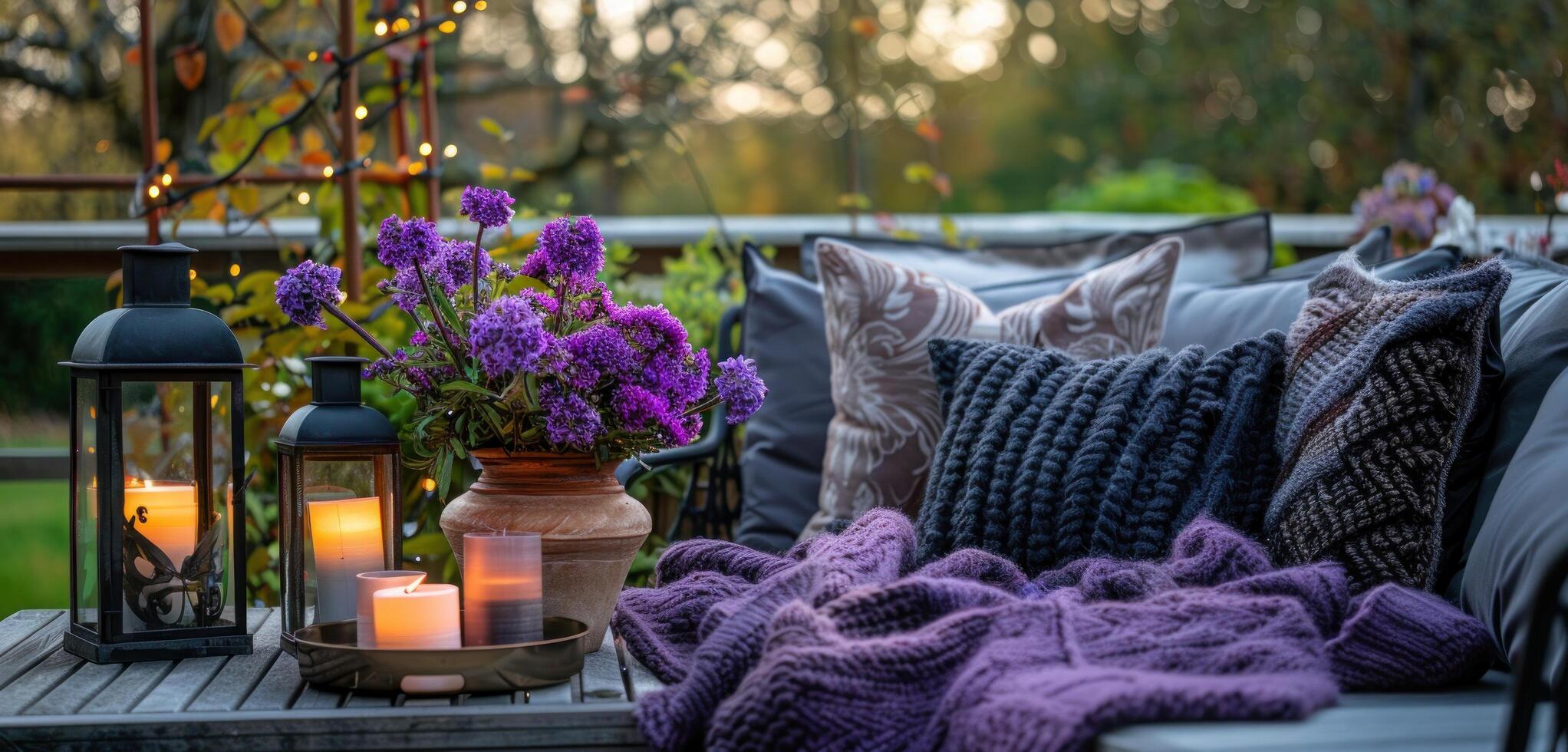 AI generated some flowers near a lantern in front of a couch photo