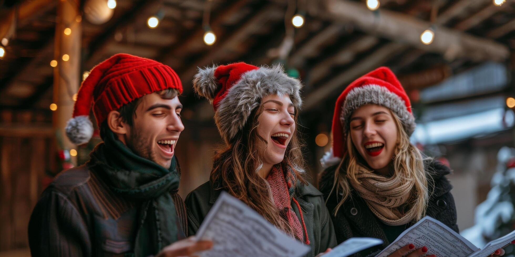 AI generated Group of People Wearing Christmas Hats Singing photo