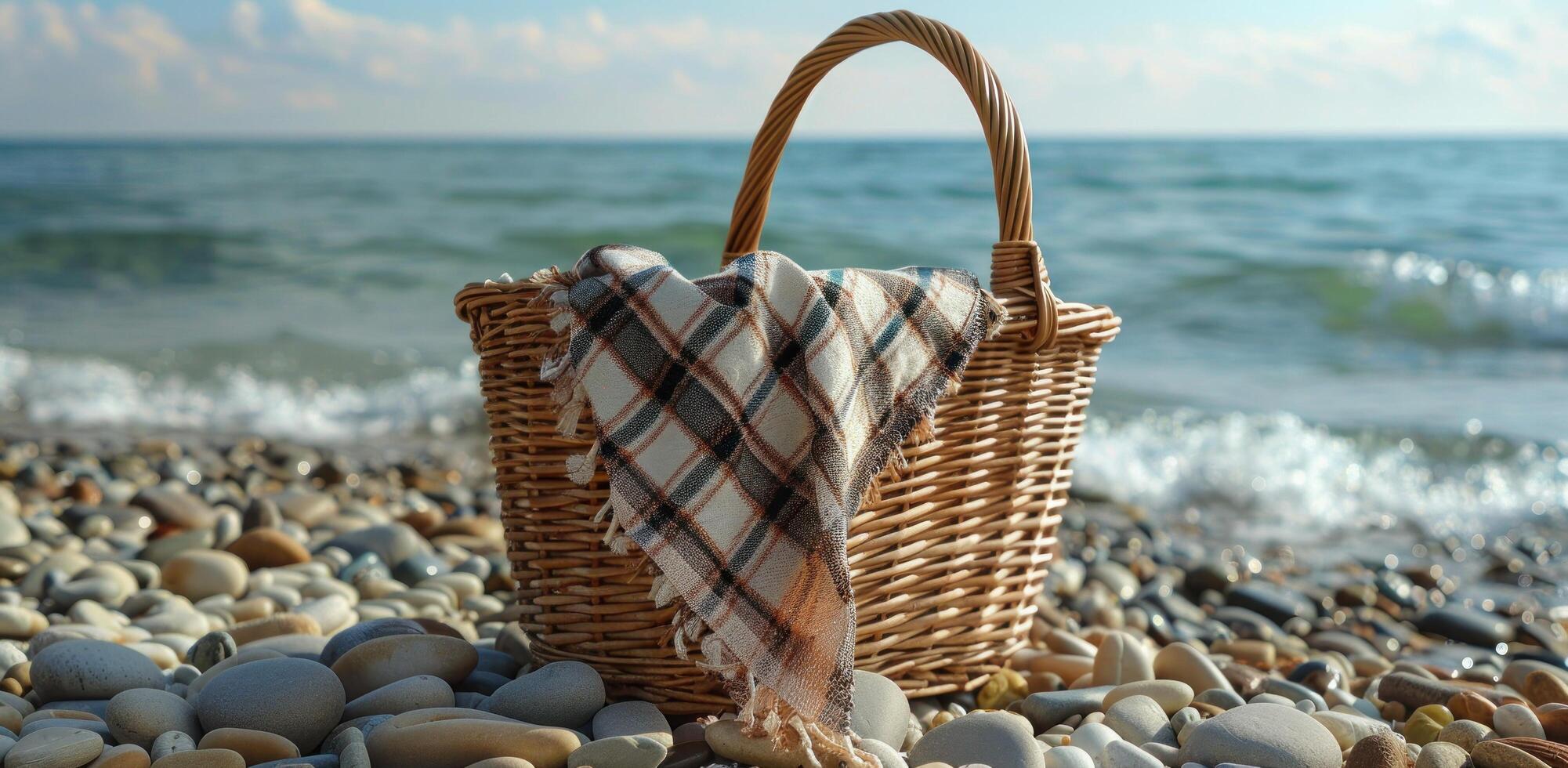 AI generated wicker basket on ocean beach with checkered wrap photo