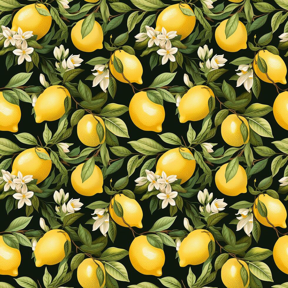 AI generated Vintage botanical seamless pattern of lemons and leaves photo