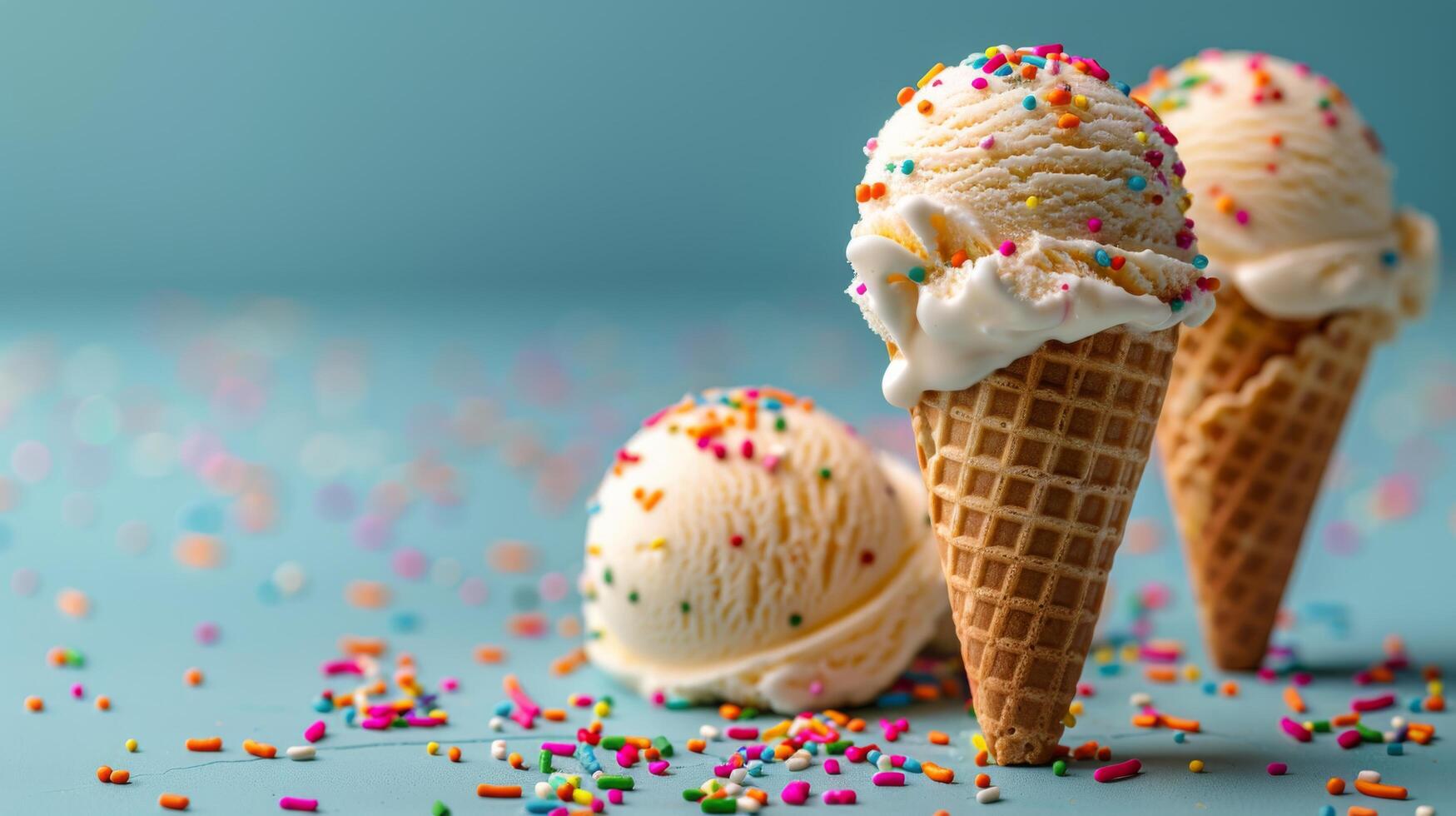 AI generated Three Ice Cream Cones With Sprinkles on Blue Surface photo