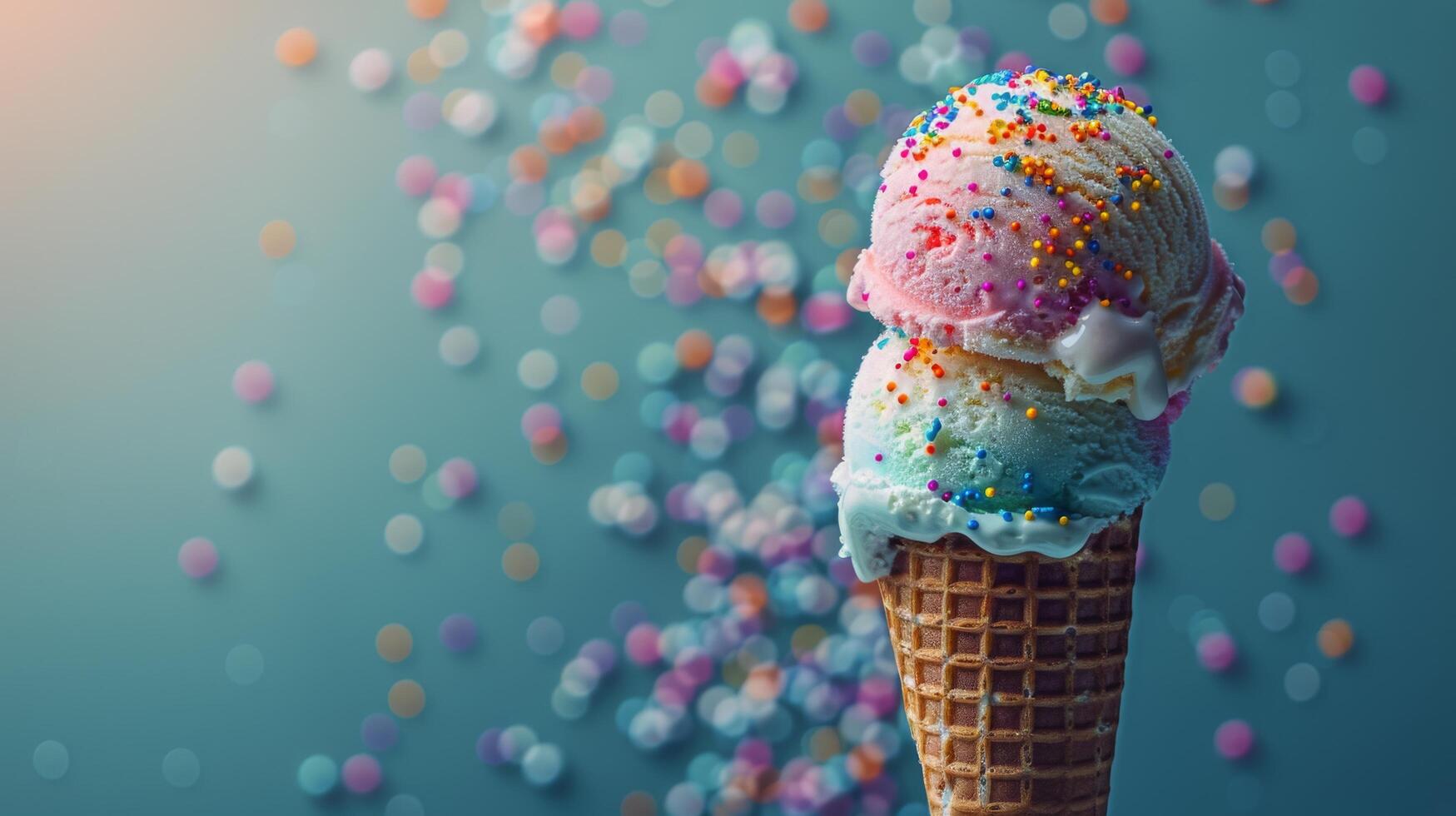 AI generated Ice Cream Cone With Sprinkles on Blue Background photo