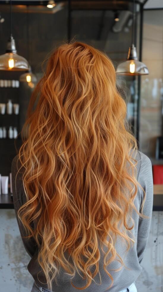 AI generated Woman With Long Red Hair Standing in Front of Counter photo