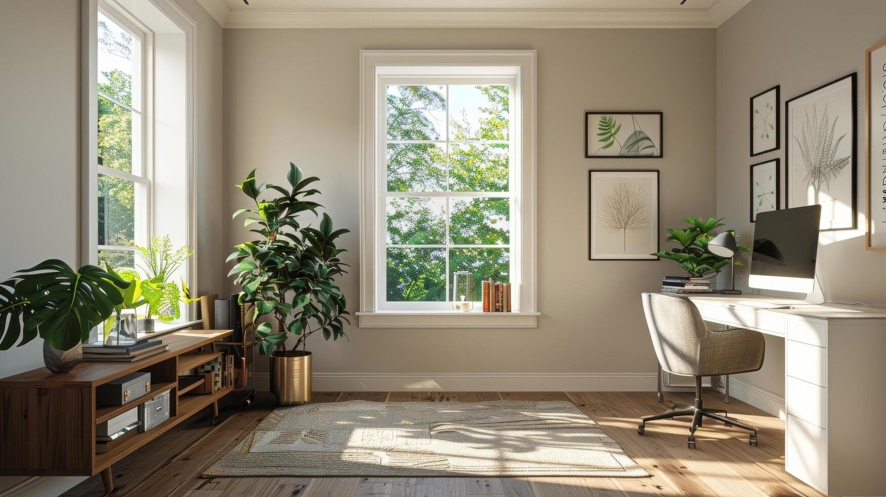 AI generated Room With Desk, Chair, Potted Plant, and Pictures on Wall photo