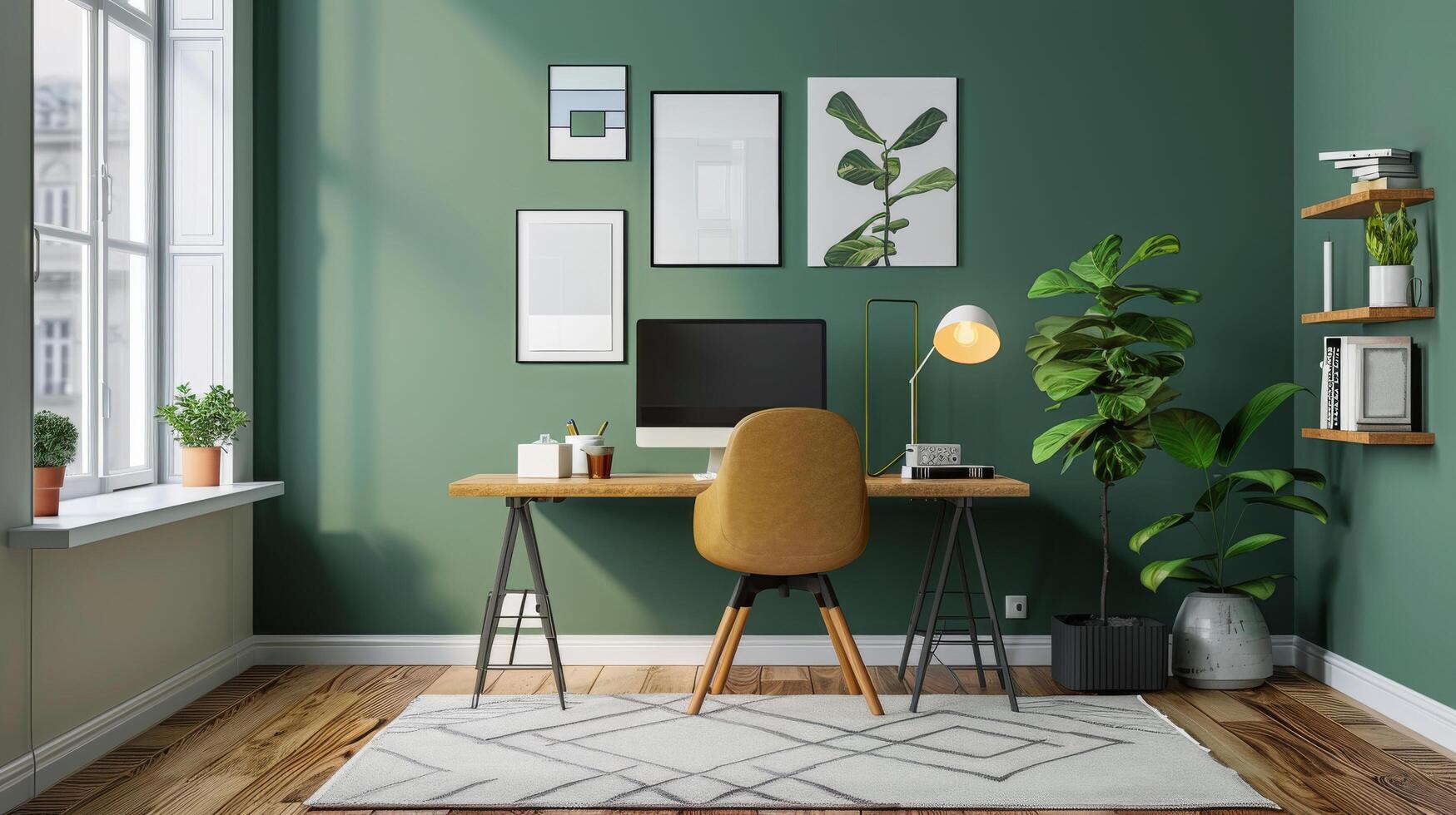 ai generado habitación con escritorio, silla, en conserva planta, y imágenes en pared foto