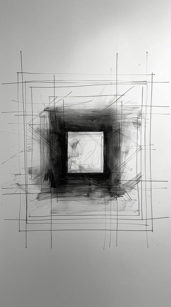 AI generated Abstract Black and White Tunnel Perspective Drawing on a Grey Background photo