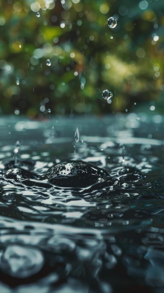 AI generated Water Drop Close Up With Trees in Background photo