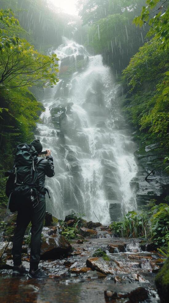 AI generated Man Standing in Front of Waterfall photo