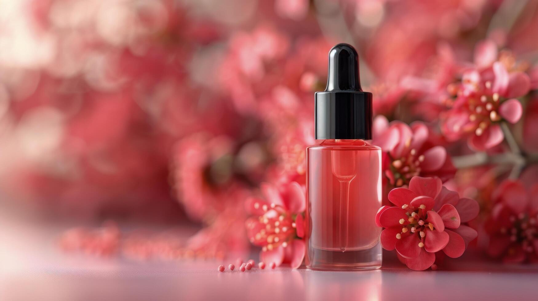 Bottle of Liquid With Flowers in Background photo