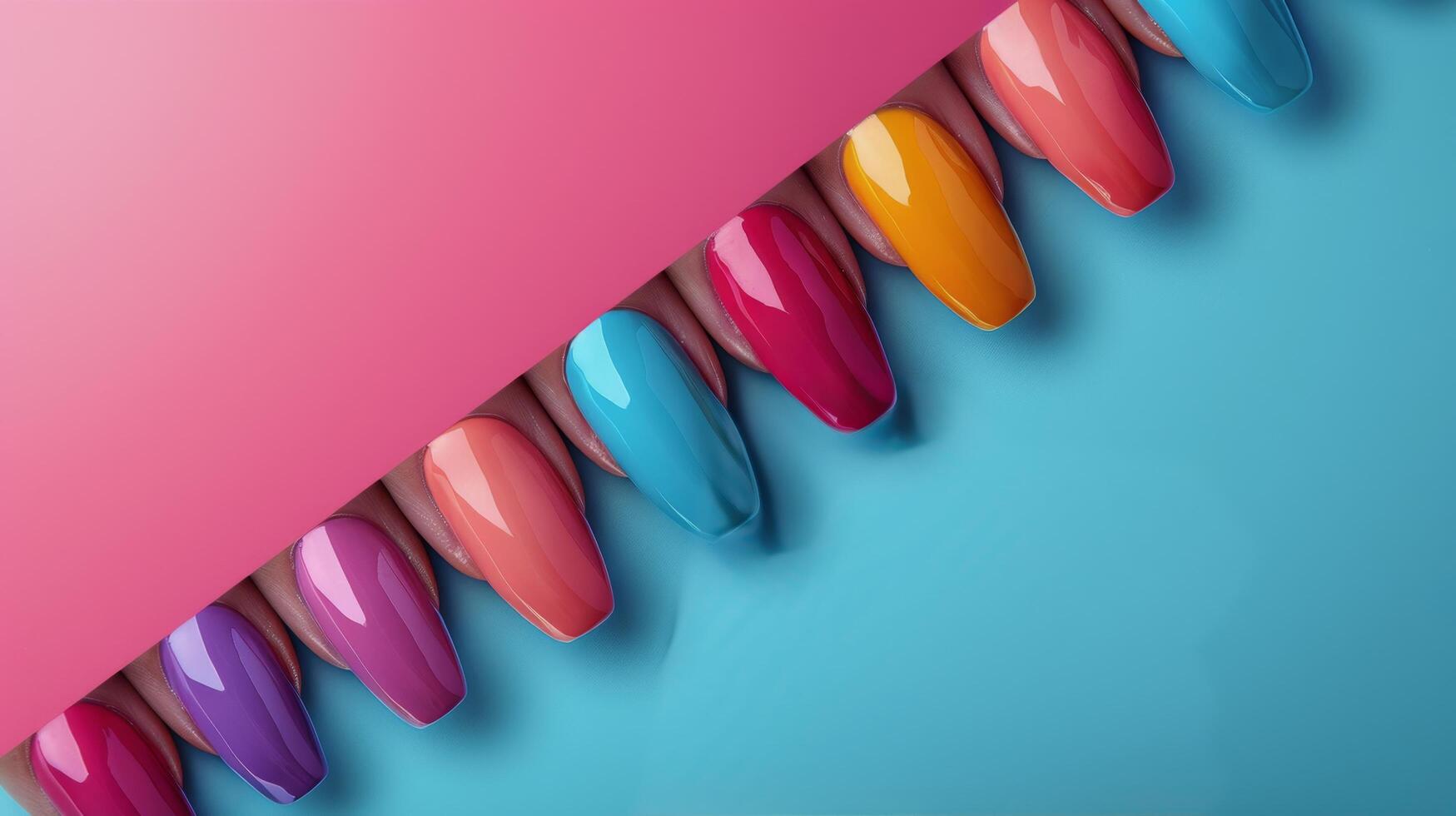 Varied Nail Polishes on Pink and Blue Background photo