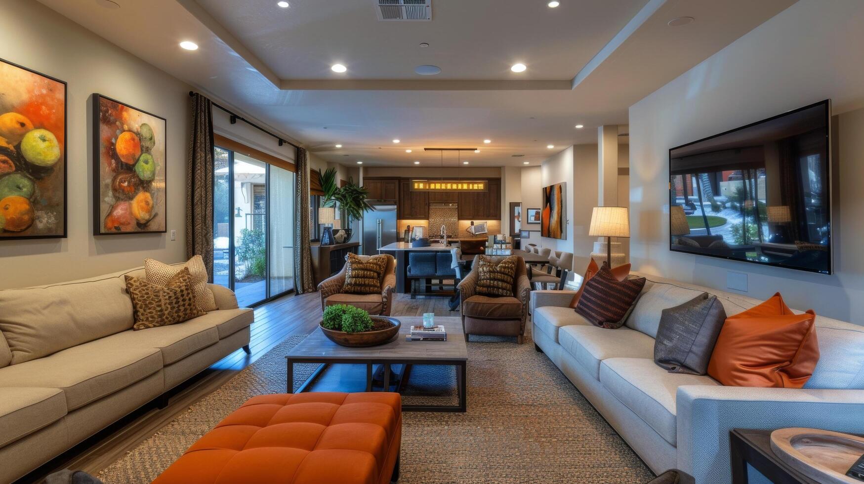 A Living Room With Furniture and Flat Screen TV photo