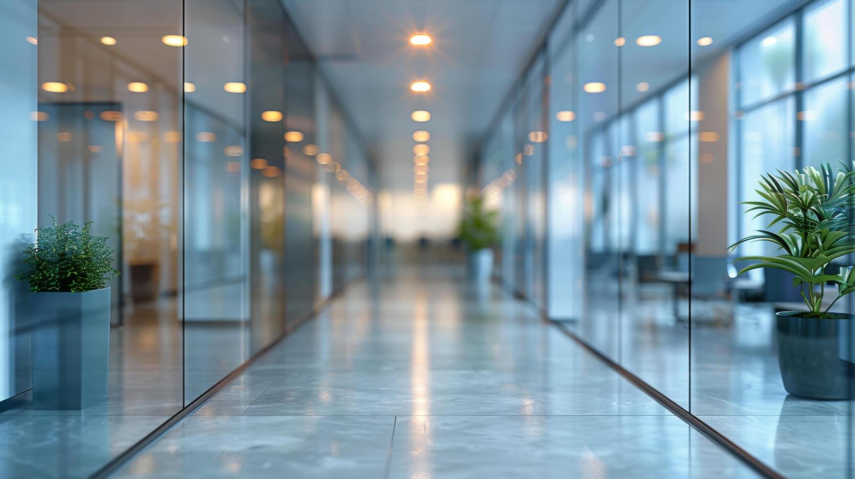 Long Hallway With Glass Walls and Potted Plants photo