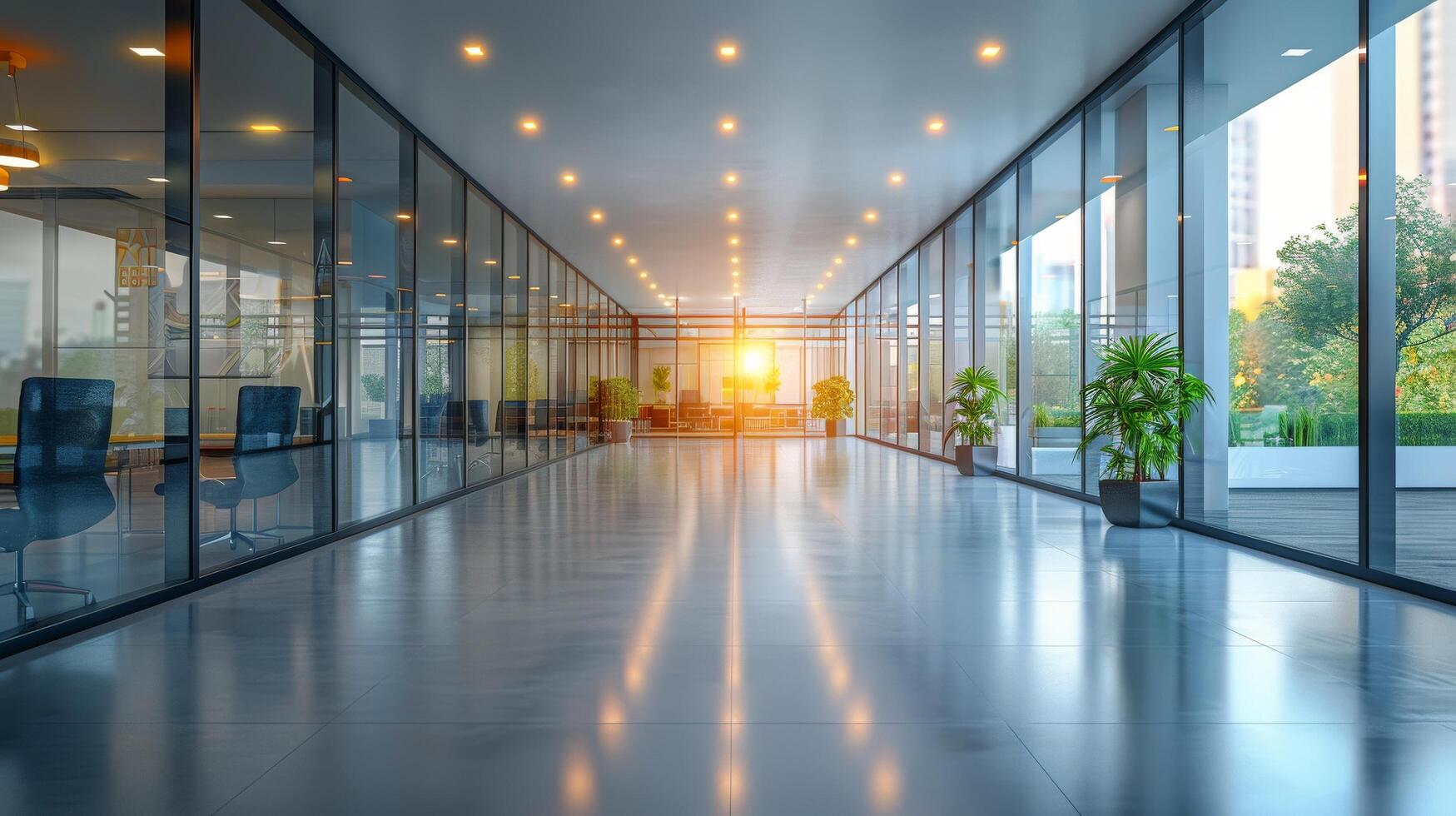 Long Hallway With Glass Walls and Potted Plants photo