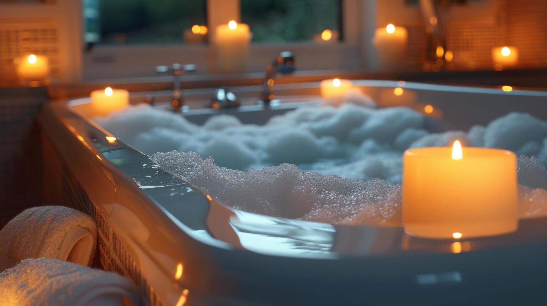 Bathtub Filled With Candles Next to Window photo